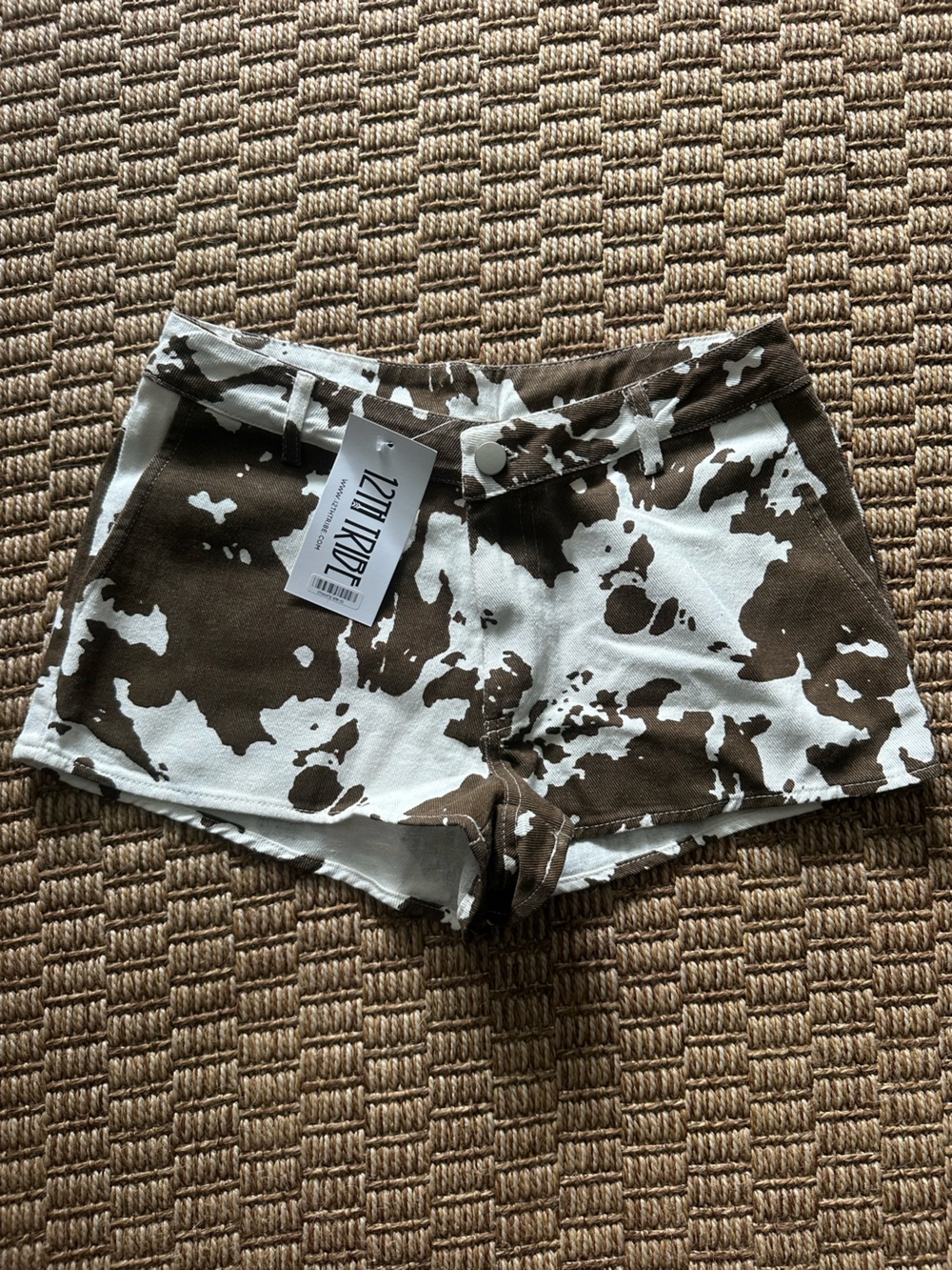 12th Tribe Brown and White Cow Print Jean Shorts